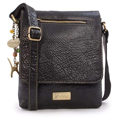 Abbildung von Catwalk Collection Handbags Leder Umhängetasche Damen Crossbody Bag/Messenger Bag Mittelgroß Verstellbarer Schultergurt ANJA Schwarz