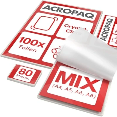 Abbildung von ACROPAQ Laminierfolien MIX 80 mic, 100 Stück (A4, A5, A6, je 20 Stück, A8 Visitenkartenformat, 40 Stück), Glaenzend, Premium Qualität, Abgerundete Ecken, Geeignet für Fotos und Hinweise 18023