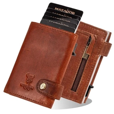 Abbildung von MATADOR Slim Wallet London Kreditkartenetui Leder mit POP UP Kartenhalter Münzfach &amp; RFID Schutz Mini Geldbeutel Klein kleines Karten Portemonnaie Geschenk Box Vintage Braun