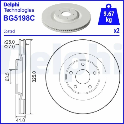 Abbildung von DELPHI Bremsscheibe FORD: Puma Off Road 325mm 27mm 5 Belüftet beschichtet unbehandelt BG5198C 2480591,2494604,M1TC1125AA,M1TC1125AB Bremsscheiben