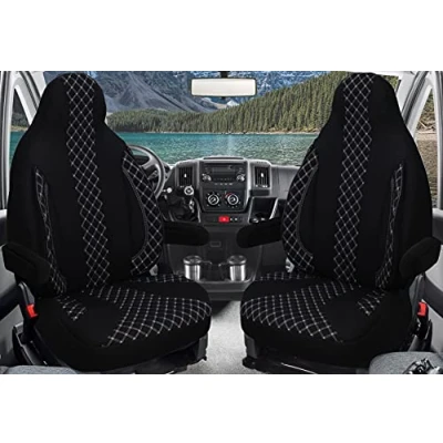 Abbildung von Maß Sitzbezüge Schonbezüge Pilotsitze Fahrer &amp; Beifahrer Set kompatibel mit Wohnmobil FIAT Ducato, Pössl, Knaus, Adria, Carthago, Pilote Laika WPL408 Schwarz/Weiß