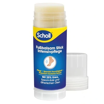 Abbildung von Scholl intensiv pflegender Fußbalsam Stick, zur Reparatur sehr trockener und rissiger Fersen, feuchtigkeitsspendend für gesunde Füße mit 25% Urea, Epsom Salz ätherischen Ölen