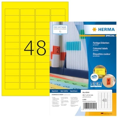 Abbildung von HERMA 4544 Farbige Etiketten gelb, 100 Blatt, 45,7 x 21,2 mm, 48 pro A4 Bogen, 4800 Stück, selbstklebend, bedruckbar, matt, blanko Papier Farbetiketten Aufkleber