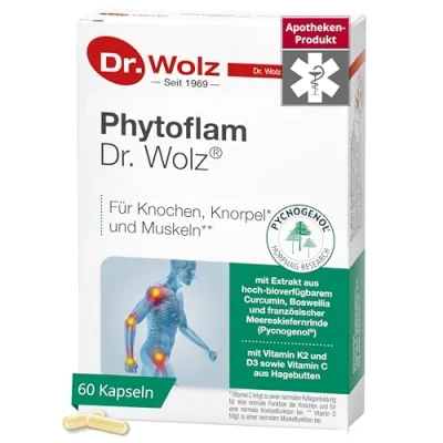 Abbildung von Phytoflam Dr. Wolz mit Extrakt aus hoch bioverfügbarem Curcumin, Boswellia und französischer Meereskiefernrinde (Pycnogenol), 60 Kapseln
