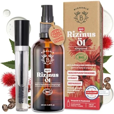 Abbildung von Bionoble Rizinusöl Bio 100ml 100% Rein, Natürlich, Kaltgepresst Wimpern, Augenbrauen, Haare, Bart, Nägel Vegan, Cruelty Free Castor Oil Glasflasche + Pipette Pumpe Mascara Kit