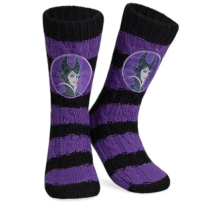 Abbildung von Disney Antirutschsocken Damen Teenager, One Size ABS Kuschelsocken Antirutsch Haussocken Winter Frauen Geschenke (Schwarz/Lila Maleficent)