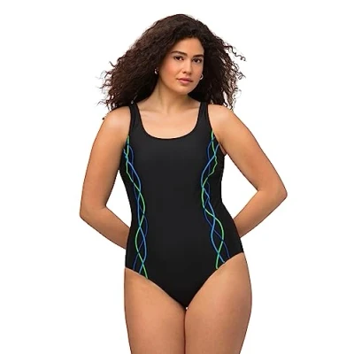 Abbildung von Ulla Popken Damen Badeanzug, Pipings, Unterbrustband, Vorderfutter Einteiliger Trikot, Nachtschwarz, 64 EU