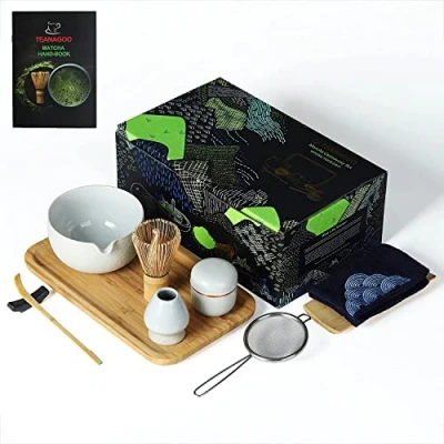 Abbildung von TEANAGOO Japanisches Tee Set mit Tablett aus Bambus, Matcha Schüssel Ausgießer, Bambus Schneebesen (Chasen), Schaufel (Chashaku), Schneebesenhalter, Teepulverdose. O3, Hellgrau,…