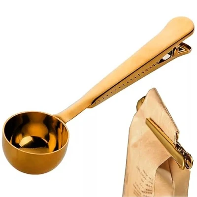 Abbildung von MINGZE Kaffeedosierlöffel Mit Klammer Aus Edelstahl, Kaffee Schaufel Kaffeemaß Kaffeelöffel Prämien Edelstahl Schaufeln Und Tee Integriertem Beutel Klipp (Gold)