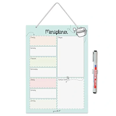 Abbildung von Menüplaner zum Aufhängen in DIN A4 I Whiteboard Essensplaner für die ganze Woche abwischbar türkis mit Aufhängung, Stifthalter und Stift dv_891