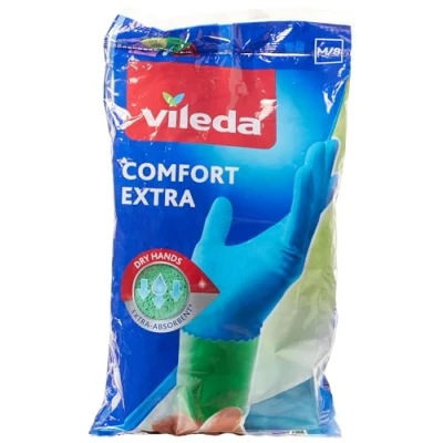 Abbildung von Vileda Comfort und Care Gummihandschuhe mit Kamille Lotion Größe M, 3 Paar