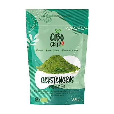 Abbildung von Gerstengras Pulver Bio 300g. Gerstengrassaft un Roh für Haare oder Detox. Organic Barley Grass Juice Powder. Green Magma.
