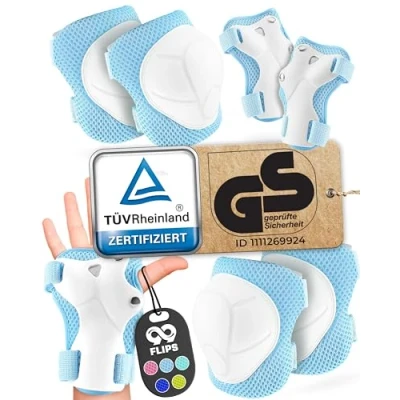 Abbildung von 99FLIPS Knieschoner Kinder 3 Jahre Schoner Inliner TÜV Rheinland GS Siegel [6er Set] FLASH S/M Hellblau Protektoren Knieschützer Knie und Ellenbogenschützer