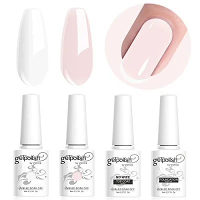 Abbildung von Vishine Set aus semi permanentem Gel und Base Coat für French Manicure, UV/LED, Soak Off Nail Art, French, Weiß, Rosa, 4 Stück, 8 ml