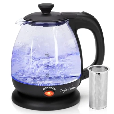 Abbildung von Taylor Swoden Wasserkocher Klein,1 Liter Glas Led, 2200W Electric Kettle, Warmhaltefunktion, Herausnehmbarer Filter, BPA FREI, für Reisen, Küche oder Büro, Abel