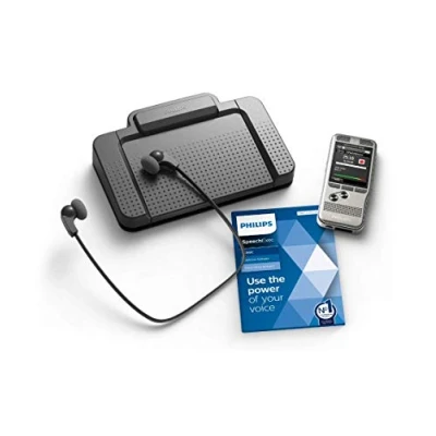 Abbildung von Philips PocketMemo Set für Autor und Assistenz DPM6700/03 enthält Diktiergerät DPM6000, Fußschalter ACC2330, Stereo Unterkinn Kopfhörer LFH0334 Diktier &amp; Wiedergabe Software SpeechExec Basic