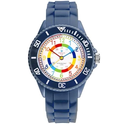 Abbildung von Alienwork Kids Lernuhr Kinderuhr Jungen Mädchen Marineblau Silikon Armband Mehrfarbig Kinder Uhr Wasserdicht 5 ATM Zeit Lernen