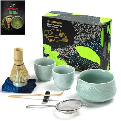 Abbildung von TEANAGOO Matcha Set Schneebesen Schale mit Ausgießer Schaufel Halter Teezubereitungsset. Japanisches Teeset (7 Stück) + 2 Tassen (5,6 oz), S36, Seladonblau