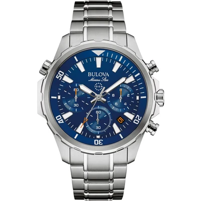 Abbildung von Bulova Marine Star 96B256 Herren Designer Armbanduhr Armband aus Edelstahl wasserdicht blaues Zifferblatt