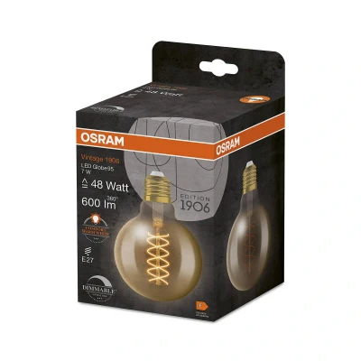 Abbildung von OSRAM Vintage 1906 LED Lampe mit Gold Tönung, 7W, 600lm, Kugel Form 95mm Durchmesser &amp; E27 Sockel, warmweiße Lichtfarbe, spiralförmiges Filament, dimmbar, bis zu 15.000 Stunden Lebensdauer