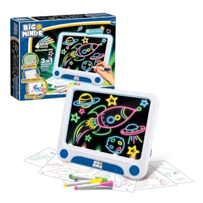 Abbildung von Big Minds Magische LED Tafel Schreibtafel Kinder 3 in 1 Maltafel mit Löschfunktion 4 Neonmarkern 6 Wendemalvorlagen und Reinigungstuch Malbrett wegwischen