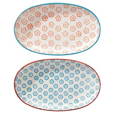 Abbildung von Bloomingville Servierplatten Emma Retro kleine Servier Teller oval Vintage L 21,5 x W 13 cm, orange blau, Keramik, 2er Set
