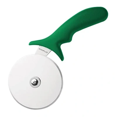 Abbildung von Hygiplas Professioneller Pizzaschneider 102mm/4 Zoll, Edelstahlrad, für die Küche, glattes Rad, spülmaschinenfest, grüner Griff mit Farbcode, CC408
