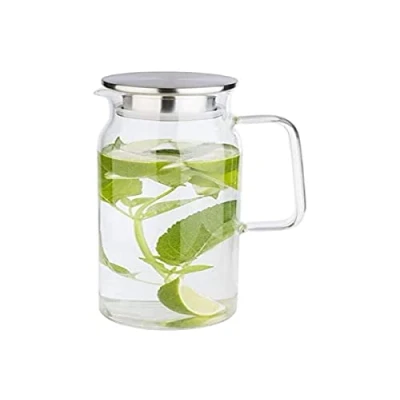 Abbildung von APS Glaskaraffe für Wasser und Limonade, Glasbehälter (Ø x H): 10 26 cm mit Edelstahldeckel Doppelfunktion, Ausgießer integriertem Sieb, 1,5 Liter