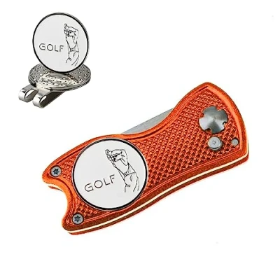 Abbildung von Crestgolf Golf Divot Tool Mit Pop up Taste und Magnetischer Kugelmarkierung Pitch Mark Leichtes Tragbares Faltbares Mini Tool(orange)