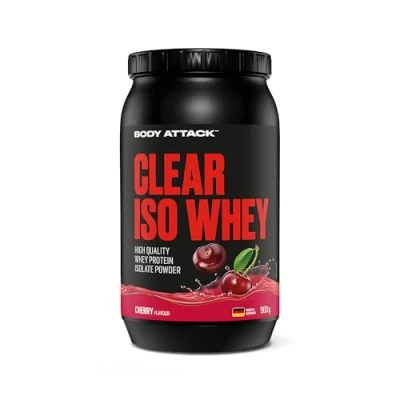 Abbildung von Body Attack CLEAR Iso Whey Cherry Flavour 900g Made in Germany Erfrischendes, klares Protein Isolat 24 g und 11.400 mg EAAs* pro Shake, zucker &amp; fettfrei