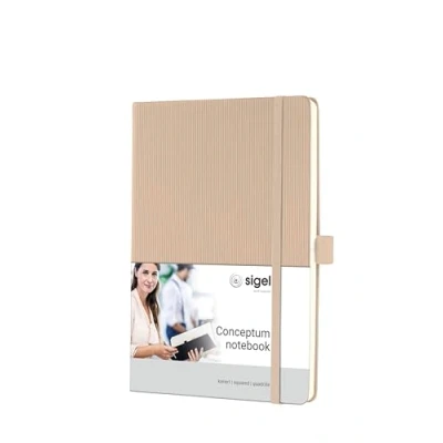 Abbildung von SIGEL CO650 Premium Notizbuch kariert, A5, Hardcover, 194 nummerierte Seiten, beige, nachhaltiges Papier, mit Inhaltsverzeichnis, Stiftschlaufe, Falttasche, Gummibandverschluss, Conceptum