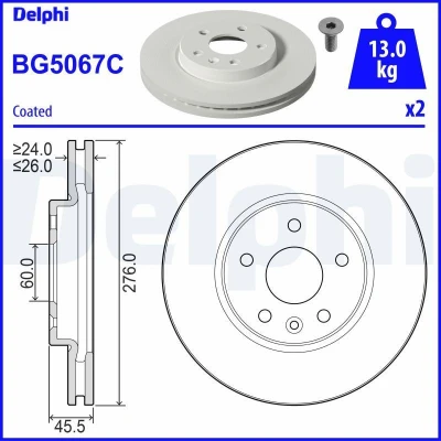 Abbildung von DELPHI BG5067C Bremsscheibe 276 26 5 Belüftet beschichtet unbehandelt ohne Radlager, ABS Sensorring OPEL: Astra K Hatchback, Ampera e