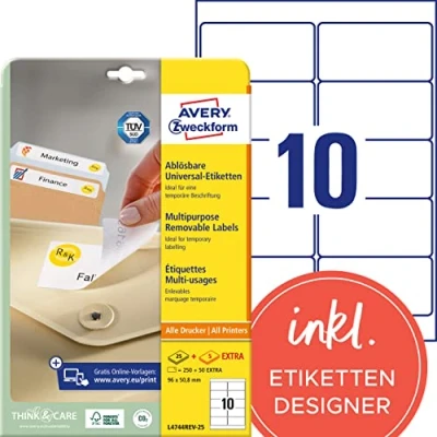 Abbildung von Avery L4744REV 25 Etiketten ablösbar 96 x 50,8 mm 250 Stück Weiß