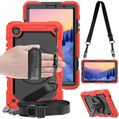 Abbildung von TECHGEAR Utility Hülle Kompatibel mit Samsung Galaxy Tab A7 Lite 8.7 (SM T220/SM T225) Robust Stoßfest Outdoor Schutzhülle 360 Grad Schwenkständer, Hand Schultergurt, Eingebaut Bildschirm Rot