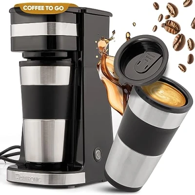 Abbildung von Clatronic Kaffeemaschine mit Kaffee To Go Becher 400ml passend für alle gängigen Getränkehalter (z.B. Auto) Filterkaffeemaschine Edelstahlbecher und Aromadeckel klein KA 3733