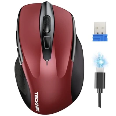 Abbildung von TECKNET Silent Kabellose Maus, Wiederaufladbar Funkmaus 4800 DPI, 2,4 GHz Optische Computer Maus für Laptop, PC, Mac, 6 Tasten, Rot