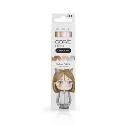 Abbildung von Copic Ciao LAYER &amp; MIX Mellow Palette, Marker Set mit 3 verschiedenen Farben, Layoutmarker jeweils einer mittelbreiten und Brush Spitze