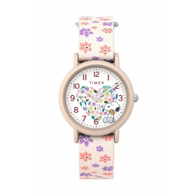 Abbildung von Timex Peanuts Floral Armbanduhr, Unisex, 34 mm, rosa Stoffarmband, weißes Zifferblatt, Gehäuse TW2W33400