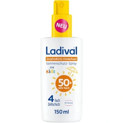 Abbildung von Ladival Kinder Sonnenschutz Spray LSF 50+ für empfindliche Kinderhaut Sonnencreme Babys und ab 6 Monaten, pflegend, extra wasserfest, 4 fach Zellschutz, 150ml