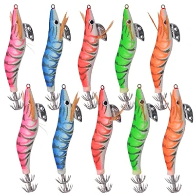 Abbildung von Angeln Künstliche Squid Jigs Octopus Tintenfisch Garnelen Köder Jig verpackt Holz Lure Haken Harte Angelköder Kit