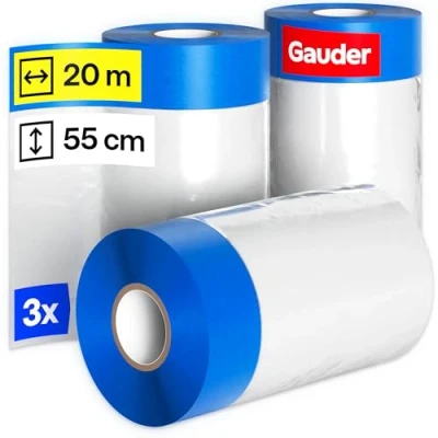 Abbildung von GAUDER 3 Rollen Abdeckfolie mit Klebeband (55 cm x 20 m) Malerband Folie 33 m² Malerfolie 3er Set Abklebefolie perfekt für Fenster, Türen und Schalter
