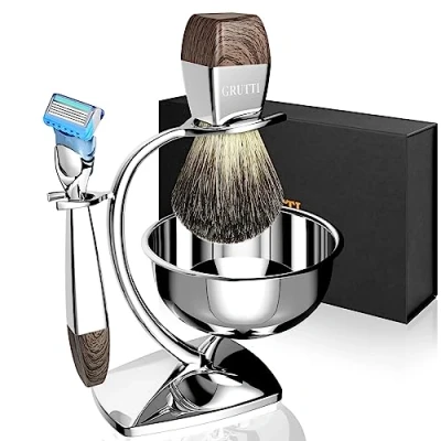 Abbildung von GRUTTI Rasiermesser Geschenksets für Herren, Manuelles Rasierset mit Rasierhobel Ständer und Rasierschale Dachshaar Rasierpinsel Rasierer (kompatibel Fusion 5), Set Herren