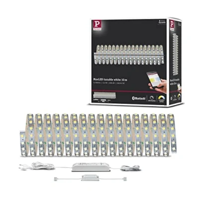 Abbildung von Paulmann 70565 LED Stripe MaxLED 500 Smart Home Bluetooth Basisset 10m Tunable White incl. 1x47 Watt dimmbar Silber Kunststoff Band 3000 K