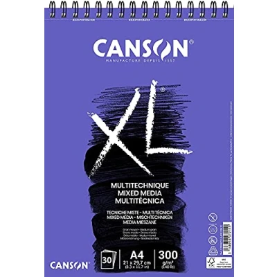 Abbildung von CANSON XL Textured, Mixed Media Papier, mittlere Körnung, 300 g/m², an der kurzen Seite spiralgebundener Block, DIN A4 21x29,7 cm, Weiß, 30 Blatt