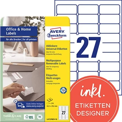 Abbildung von AVERY Zweckform L4737REV 10 Universal Etiketten (270 Klebeetiketten, 63,5x29,6 mm auf A4, wieder rückstandsfrei ablösbar / abziehbar, individuell bedruckbare, selbstklebende Aufkleber) Blatt, weiß