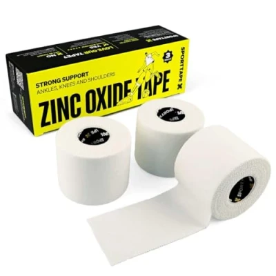 Abbildung von Sporttape Zinkoxid 3 Rollen 5,0 cm x 10 m Tapeverband weiß, reißbares unelastisches Sport Tape für Gelenke, Vermeidung von Blasenbildung, hautfreundlich, Kampfsport Boxen Rudern Rugby