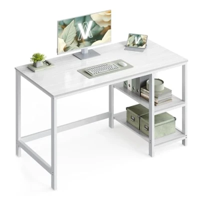 Abbildung von VASAGLE Schreibtisch, Computertisch, PC Tisch, Bürotisch, mit 2 Ablagen auf der rechten oder linken Seite, fürs Büro, Wohnzimmer, Stahlgestell, Industrie Design, ahornweiß LWD047W44