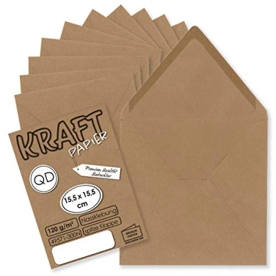 Abbildung von 50x Vintage Umschläge quadratisch aus braunem Kraftpapier nachhaltig 15,5 x cm Nassklebung Spitzklappe NEUSER PAPIER