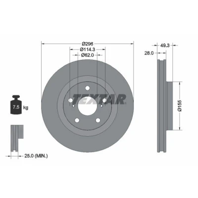 Abbildung von TEXTAR PRO 92168803 Bremsscheibe 296 28 05/07 114,3 innenbelüftet beschichtet ohne Radbefestigungsbolzen, Radnabe TOYOTA: Auris Hatchback