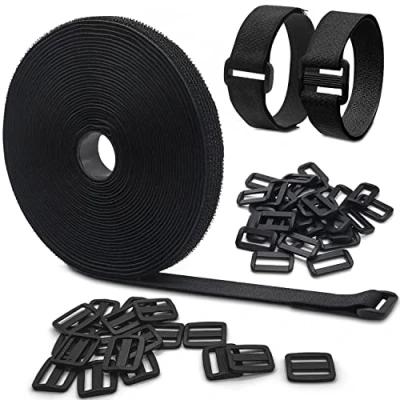 Abbildung von 10m Klettband mit 50 Schnalle, Freie Schnittlänge Klett kabelbinder 2cm Breit, wiederverwendbare Schwarz Klettverschluss Band für Home Office Büro und Garten…